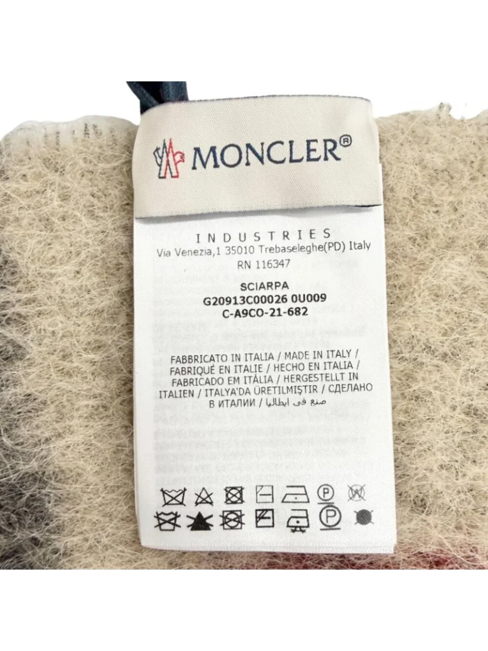 Moncler Sciarpa Mohair Alpaca Logo Leather Patch Plaid Fringe Large Scarf Beige